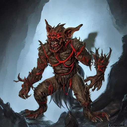 Image similar to a highly detailed goblin with coal colored skin and red eyes that glow, in a cave, like magic the gathering, goblin chainwalker, digital art, by christopher rush