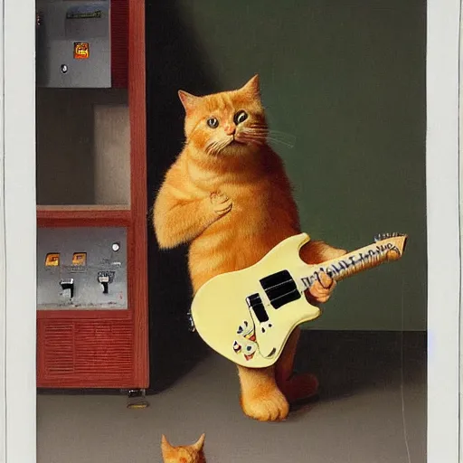 Image similar to a ginger cat dressed as an Hardrocker playing electric guitar, by Michael Sowa