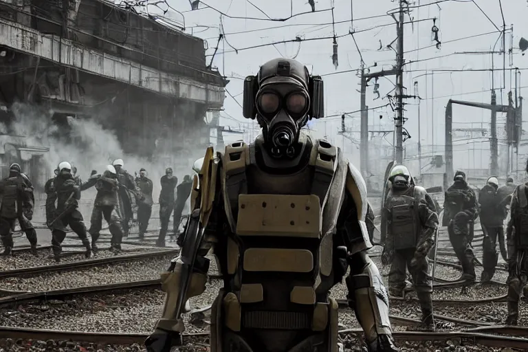 Image similar to vfx movie closeup real life gordon freeman holding wearing futuristic armor, half life logo on chest, crowbar in russian train yard, futuristic white swat team in gas masks approaching by emmanuel lubezki