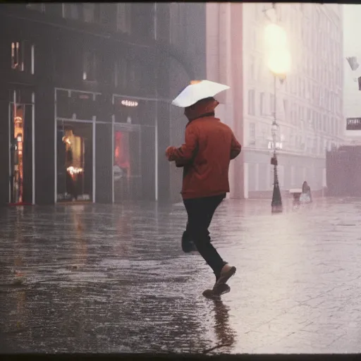 Image similar to a photograph of a man running down the street wearing a hat on a rainy day on expired kodak film, 3 5 mm, award - winning photograph, striking lighting, perfect composition