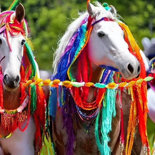 Prompt: horses dressed in festival clothes at a festival