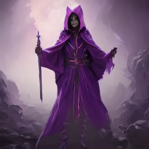 Image similar to female warlock long hood cloak purple, fighting monster with magic, 8 k, trending on artstation by tooth wu and greg rutkowski