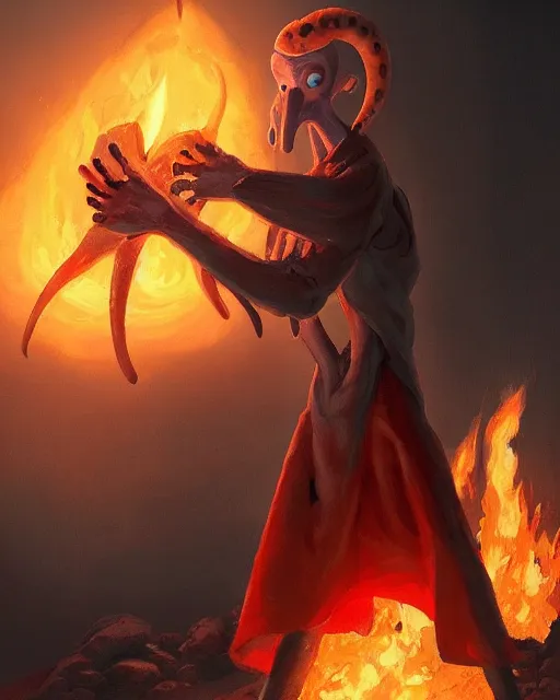 Image similar to humanoid squid squidward wearing fire nation clothing and practicing firebending outside at susnset, [ greg rutkowski ]