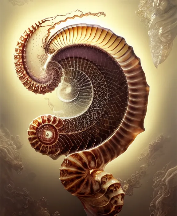 Image similar to intricate ornate opulent transparent clear see - through portrait of a horrific beautiful alien nautilus, mottled coloring, adorable, childlike, pastoral environment, ultra realistic, concept art, art nouveau, photorealistic, octane render, 8 k, unreal engine. art by christopher marley and artgerm and greg rutkowski and alphonse mucha