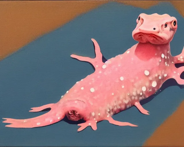 Image similar to a guy billout painting of an axolotl