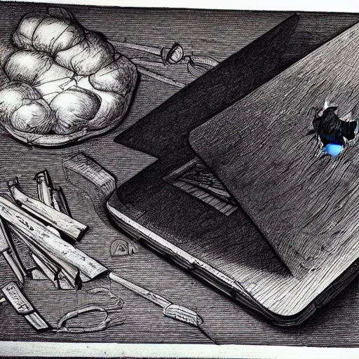 Prompt: drawing of macbook prototype by leonardo da vinci, lot of notes and figures, antique drawing, sketch, art, intricate details, highly detailed