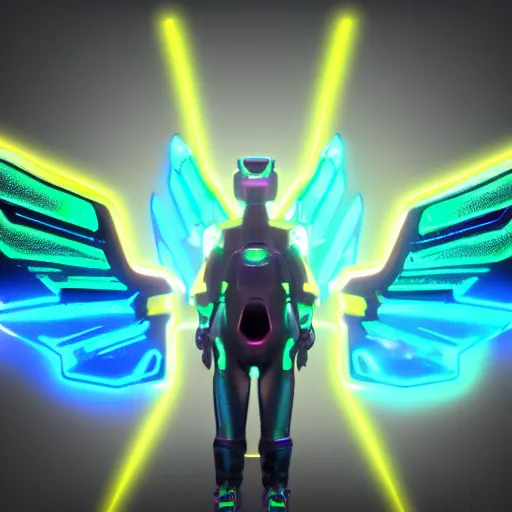 Image similar to a cybertronic duck,metallic, glowing, neon wings, unreal engine