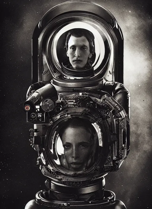 Image similar to old wetplate daguerreotype portrait of a futuristic space astronaut cyborg striking a model pose, fractal, intricate, elegant, highly detailed, parallax, leica, medium format, subsurface scattering, by jheronimus bosch and greg rutkowski and louis jacques mande daguerre