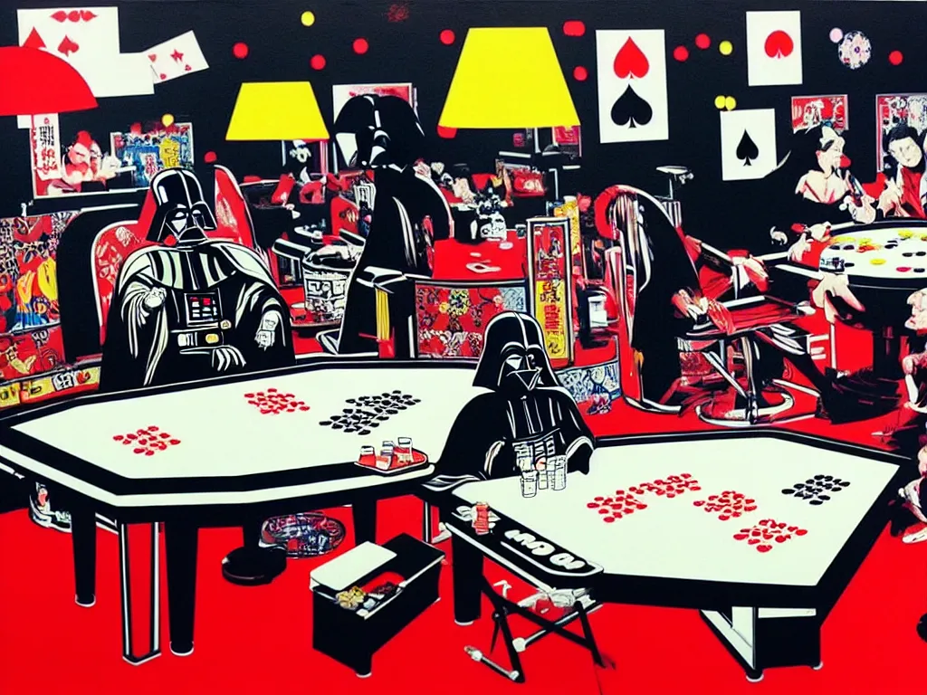 Image similar to hyper - realistic composition of a room with an extremely detailed poker table, croupier in traditional japanese kimono standing nearby, darth vader sitting at the table, fireworks in the background, pop art style, jackie tsai style, andy warhol style, acrylic on canvas