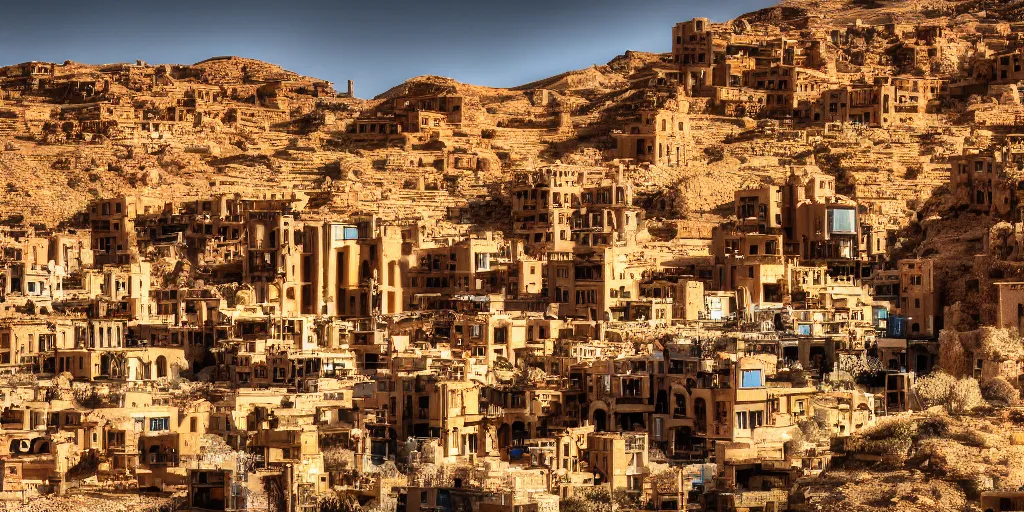 Prompt: a cyberpunk village with nabatean architecture, highly detailed, 4k, photograph, HDR , Minolta X700, 50mm, award winning