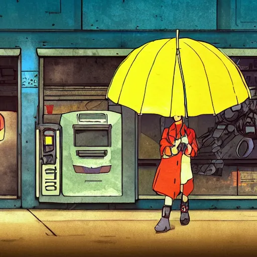 Image similar to incredible wide screenshot, ultrawide, simple watercolor, rough paper texture, ghost in the shell movie scene, backlit distant shot of girl in a parka running from a giant robot invasion side view, yellow parasol in deserted dusty shinjuku junk town, broken vending machines, bold graphic graffiti, old pawn shop, bright sun bleached ground, mud, fog, dust, windy, scary robot monster lurks in the background, ghost mask, teeth, animatronic, black smoke, pale beige sky, junk tv, texture, brown mud, dust, tangled overhead wires, telephone pole, dusty, dry, pencil marks, genius party,shinjuku, koji morimoto, katsuya terada, masamune shirow, tatsuyuki tanaka hd, 4k, remaster, dynamic camera angle, deep 3 point perspective, fish eye, dynamic scene