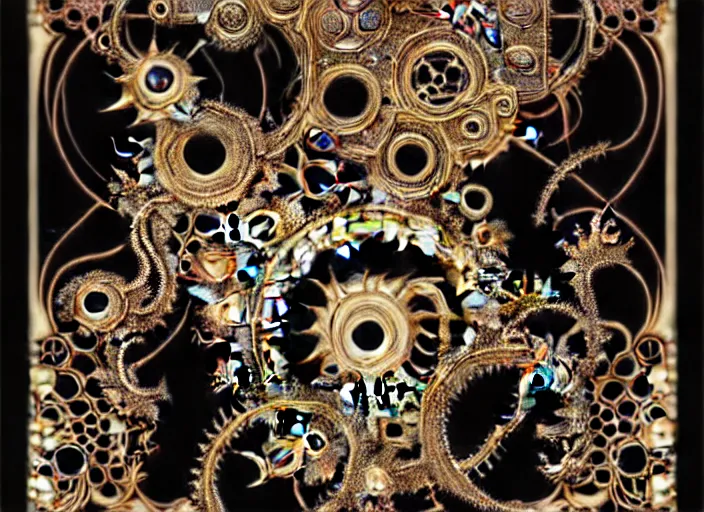 Image similar to baroque rococo bedazzled gothic royalty fractal frames surrounding a futuristic japanese cyberpunk bladerunner silk screen by utagawa yoshiiku, ohara koson, pixiv contest winner, cyberpunk style, horrorcore cyberpunk color scheme, mechanical, robotic, human machine interface, high resolution, hd, bold clear lines