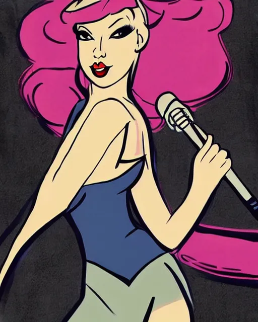 Image similar to taylor swift as a super hero similar to seraphine from league of legends with a microphone in her hand as her weapon drawn in a 1 9 5 0 s cartoon on a saturday morning style, hugh quality, very well proportioned silhouette, contemporary art