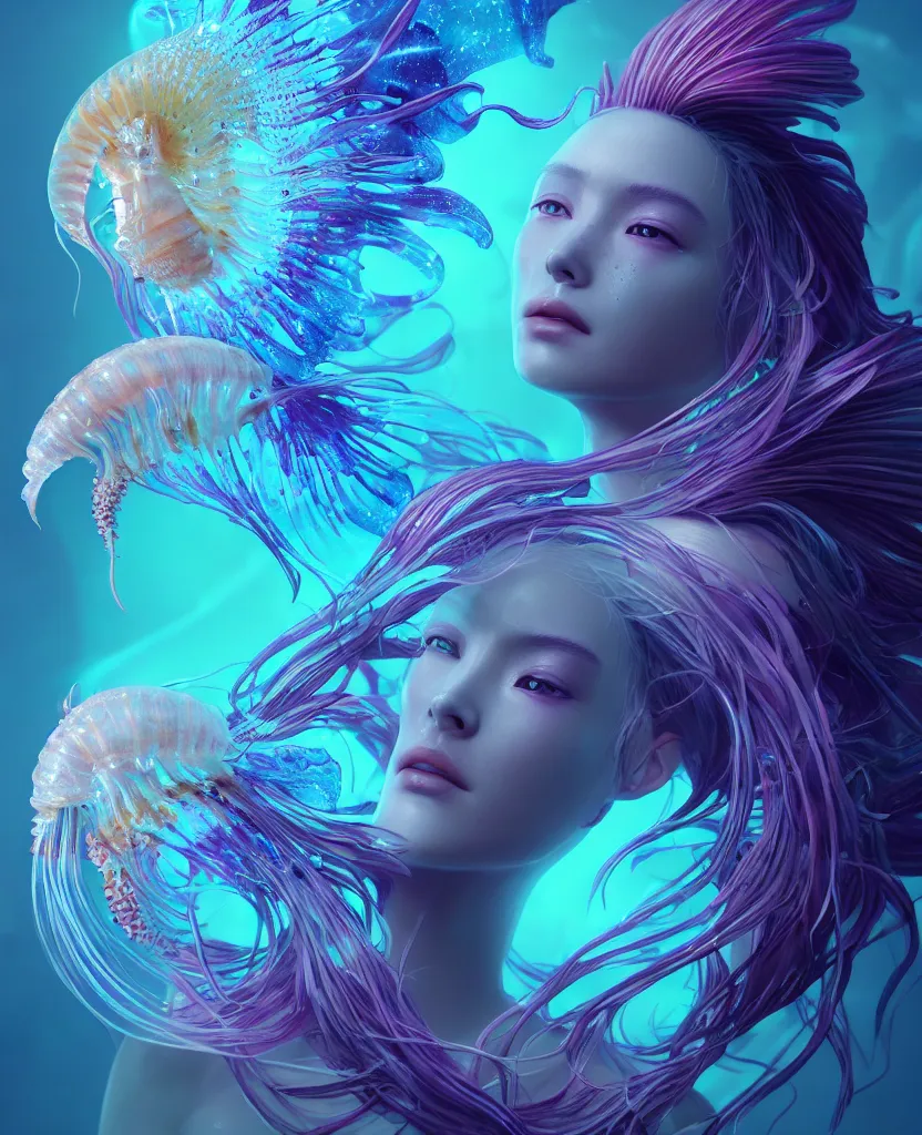 Image similar to goddess close-up portrait. colibri orchid jellyfish phoenix head, nautilus, skull, betta fish, bioluminiscent creatures, intricate artwork by Tooth Wu and wlop and beeple. octane render, trending on artstation, greg rutkowski very coherent symmetrical artwork. cinematic, hyper realism, high detail, octane render, 8k