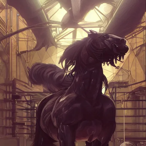 Image similar to splash art of a hyper - muscular black - coated anthropomorphic horse character in a research facility wearing a combat kevlar outfit, long hair, highly detailed, furry, furaffinity, digital painting, artstation, sharp focus, illustration, art by artgerm, greg rutkowski, alphonse mucha