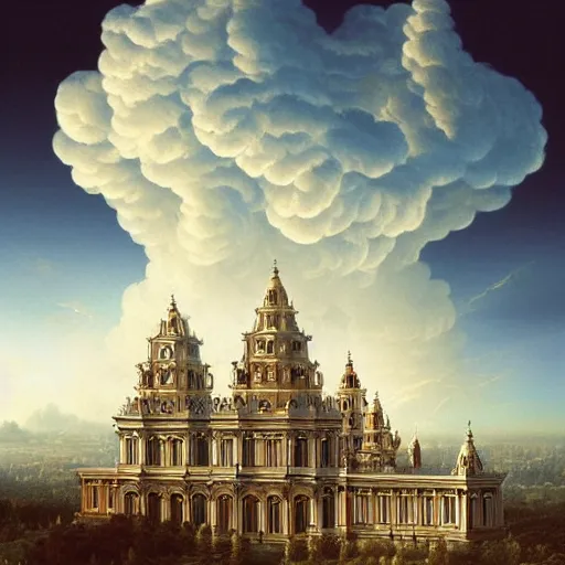 Prompt: beautiful heavenly cloud megastructure in the style of baroque architecture, hyper detailed, hd