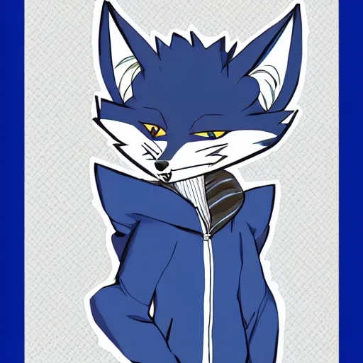 Image similar to anime style colored pencil sketch of an anthropomorphic blue fox fursona furry male character wearing a stylish all over print hoodie, notebook drawing, realisitc photo