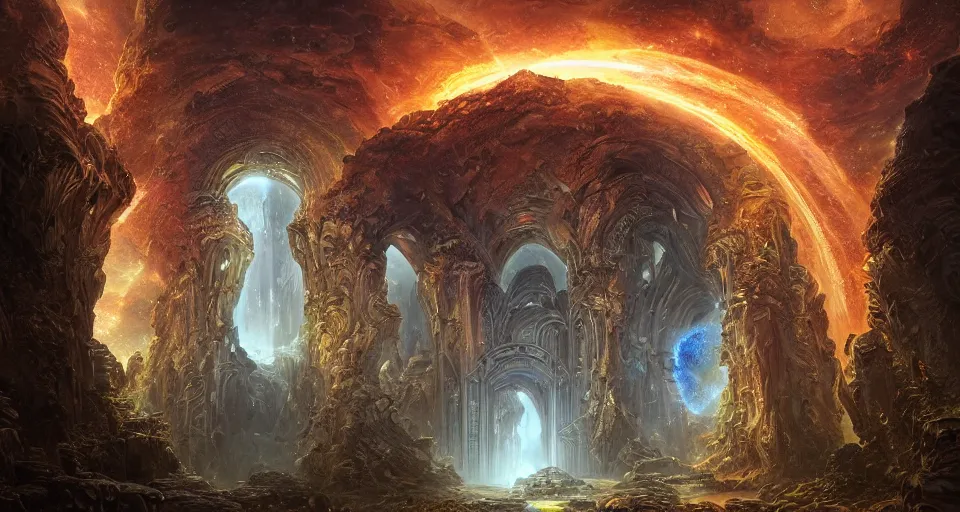 Prompt: beautiful detailed digital matte painting of a massive stone arched glowing electric nebula gateway portal with magic pouring from it, carved vine-wrapped megalithic temple ruins, by Gal Barkan Stephan Martiniere and Anato FinnStark and Robert Hubert and Justin Gerard, rippling magic, carved stone, intricate detail, gothic, romanesque, futuristic, dark rainbow