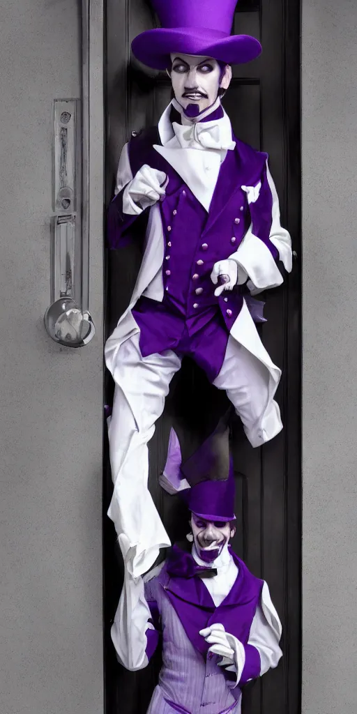 Image similar to a purple skinned tiefling with a goatee wearing a white suit and tophat standing in a doorway, purple skin, goatee, by Mark Brooks