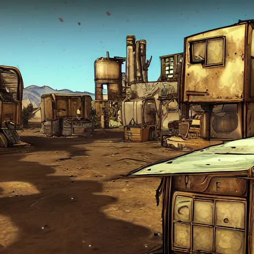 Image similar to An ivory tower sparkling in a desert oasis surrounded by a small city of ramshackle huts in the style of borderlands by gearbox sodtware, cel-shaded