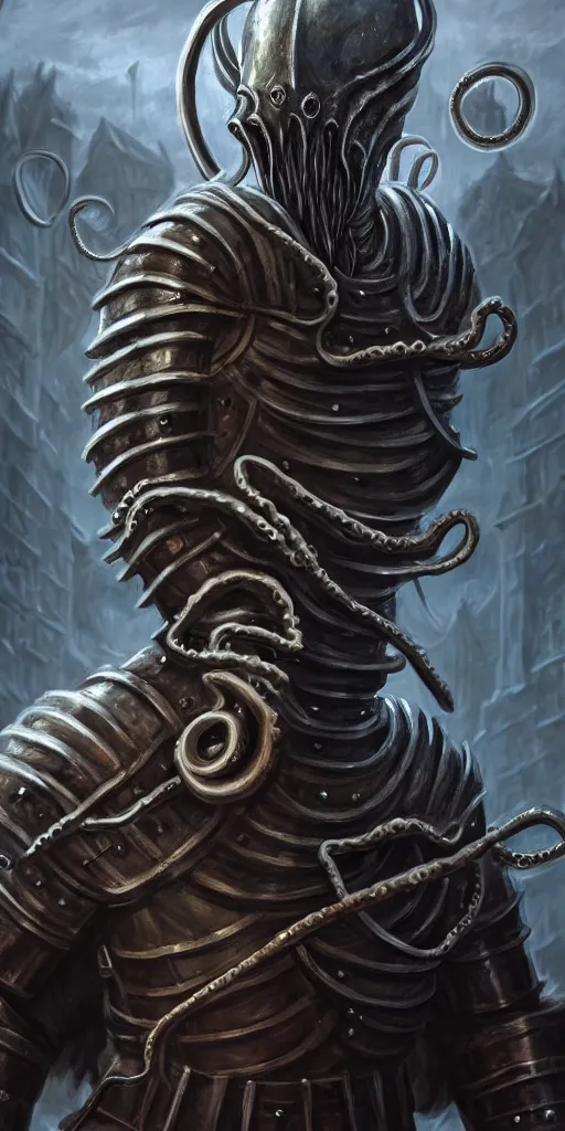 Image similar to a medieval knight slowly transforming into a tentacle monster, matte oil painting, steel armor set, concept art, dnd, clear, crisp, sharp, gauntlets, eldritch, award - winning, extremely detailed, 4 k, 8 k