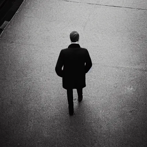 Image similar to A high angle dramatic portrait of a man wearing red coat , walking in a black and white street . Cinematic lighting