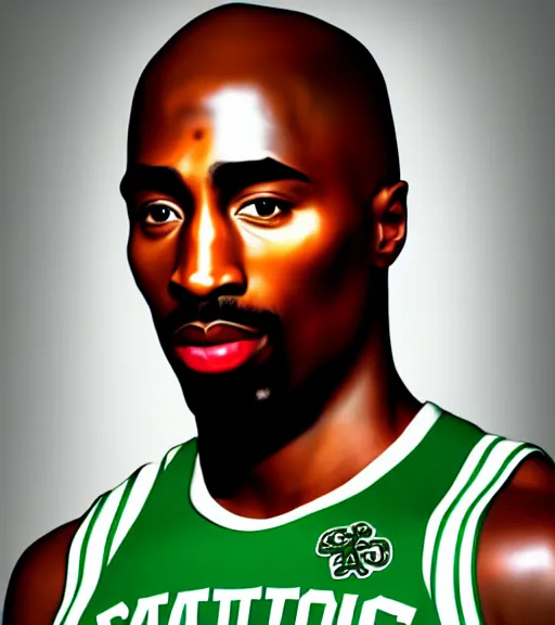 Image similar to portrait of tupac shakur, boston celtics jersey number 3 4, green, white, cartoon digital art, oil on canvas, trending on artstation, octane render