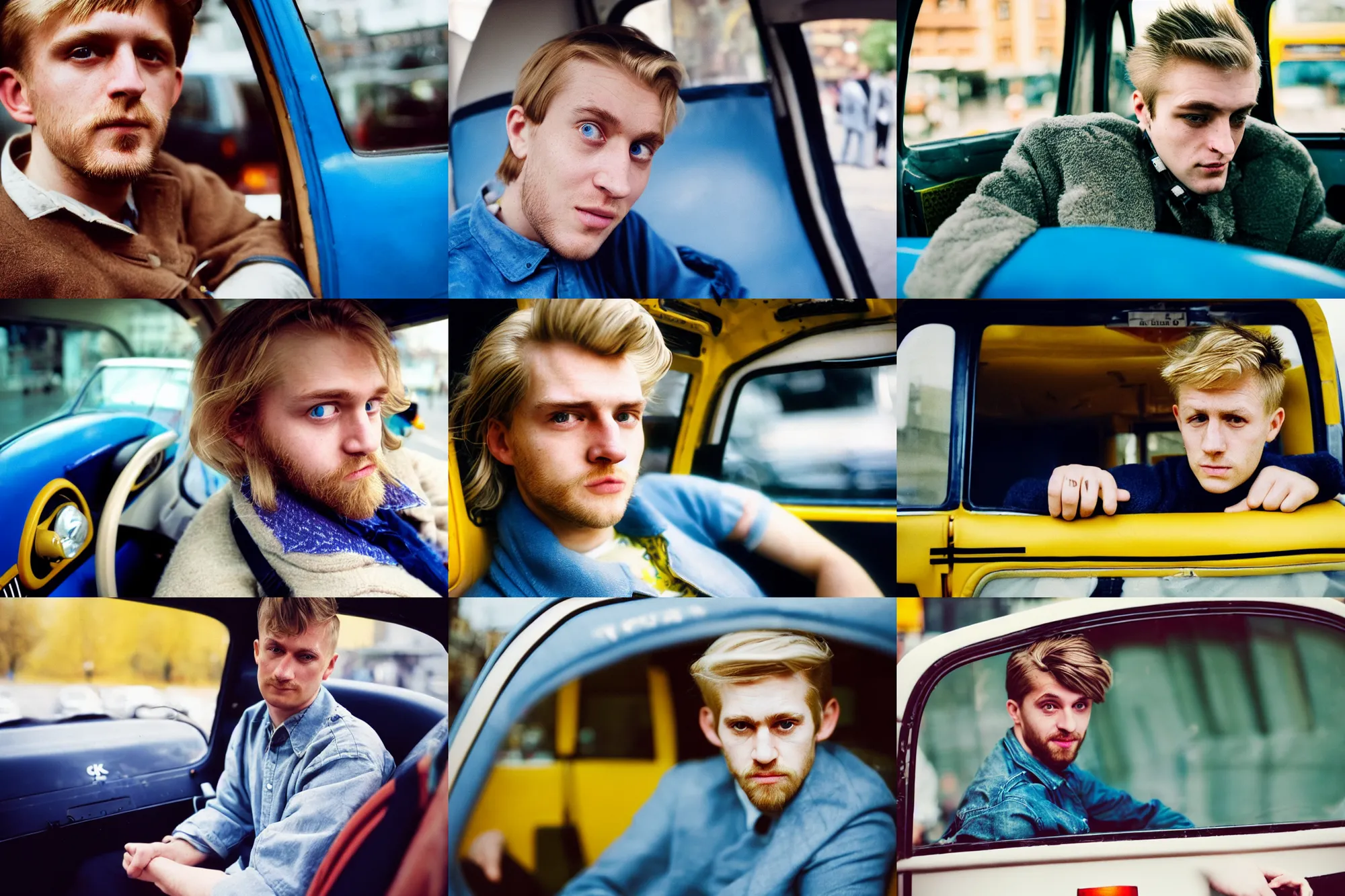 Image similar to candid photo of a Caucasian man sat in back of a UK taxi, Kodak Portra 400,8K,highly detailed: beautiful perspective extreme closeup portrait photo in style of 2000s retrofuturism, photography fashion edition, tilt shift, highly detailed, focus on man ;blonde hair;blue eyes, clear eyes, soft lighting