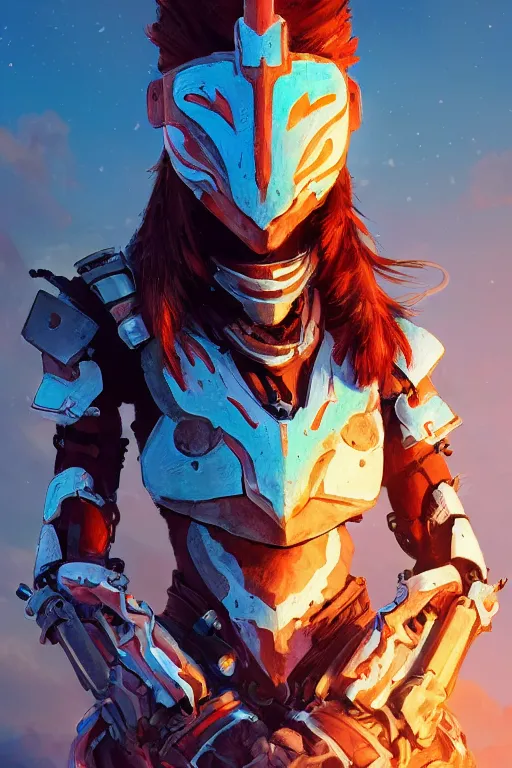 Image similar to combination suit armor aloy horizon forbidden west horizon zero dawn radiating a glowing aura global illumination ray tracing hdr fanart arstation by ian pesty and alena aenami artworks in 4 k tribal robot ninja mask helmet backpack