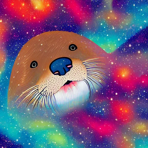 Prompt: digital illustration of a fat otter swimming through outer space, with colorful nebulae