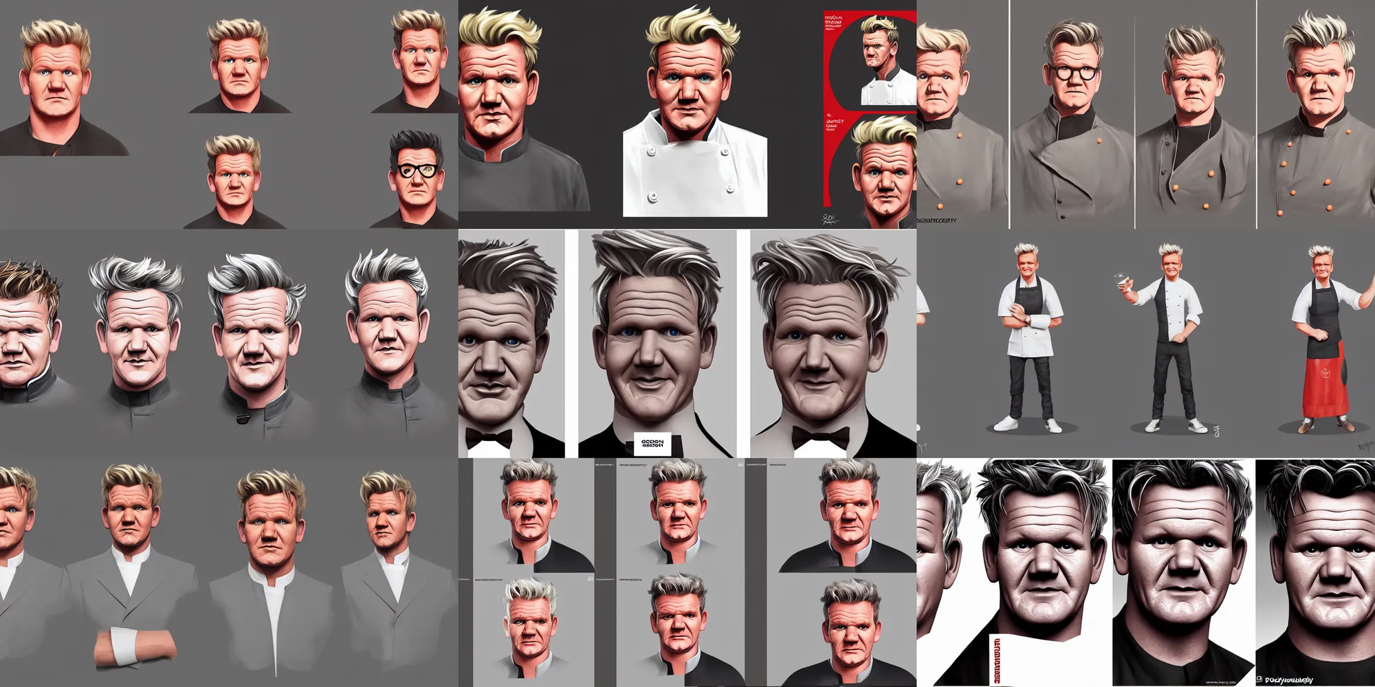 Prompt: a set of three different views of gordon ramsay, concept art by senior character artist, polycount contest winner, dau - al - set, polycount, ultra - detailed