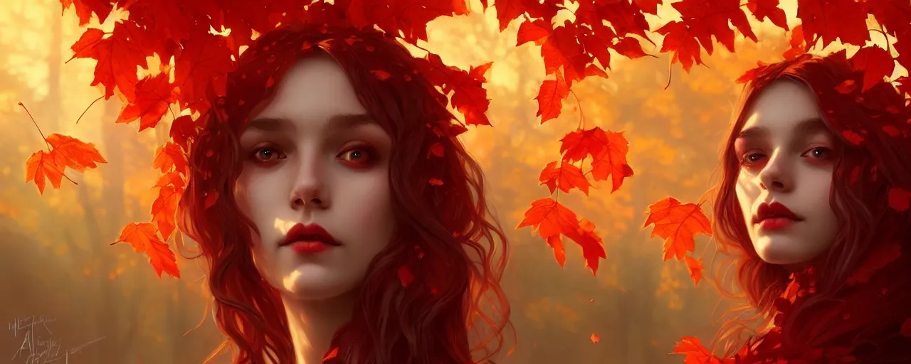 Prompt: girl with with hair becoming autumn red leaves trees, vampires with bloody fangs, intricate, dreamy, digital painting, artstation, concept arti, unreal engine 5, 8 k, art by artgerm and greg rutkowski and alphonse mucha