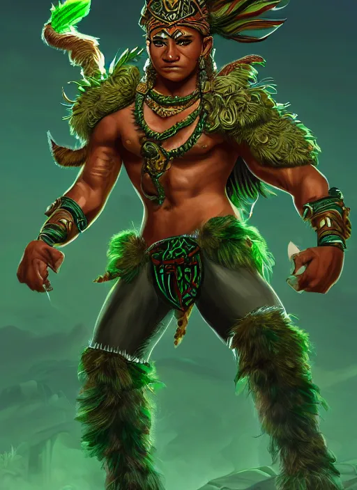 Image similar to a highly detailed illustration of fierce young aztec boy wearing green mane, heroic roaring wielding aztec club pose, muscular, intricate, elegant, highly detailed, centered, digital painting, artstation, concept art, smooth, sharp focus, league of legends concept art, wlop