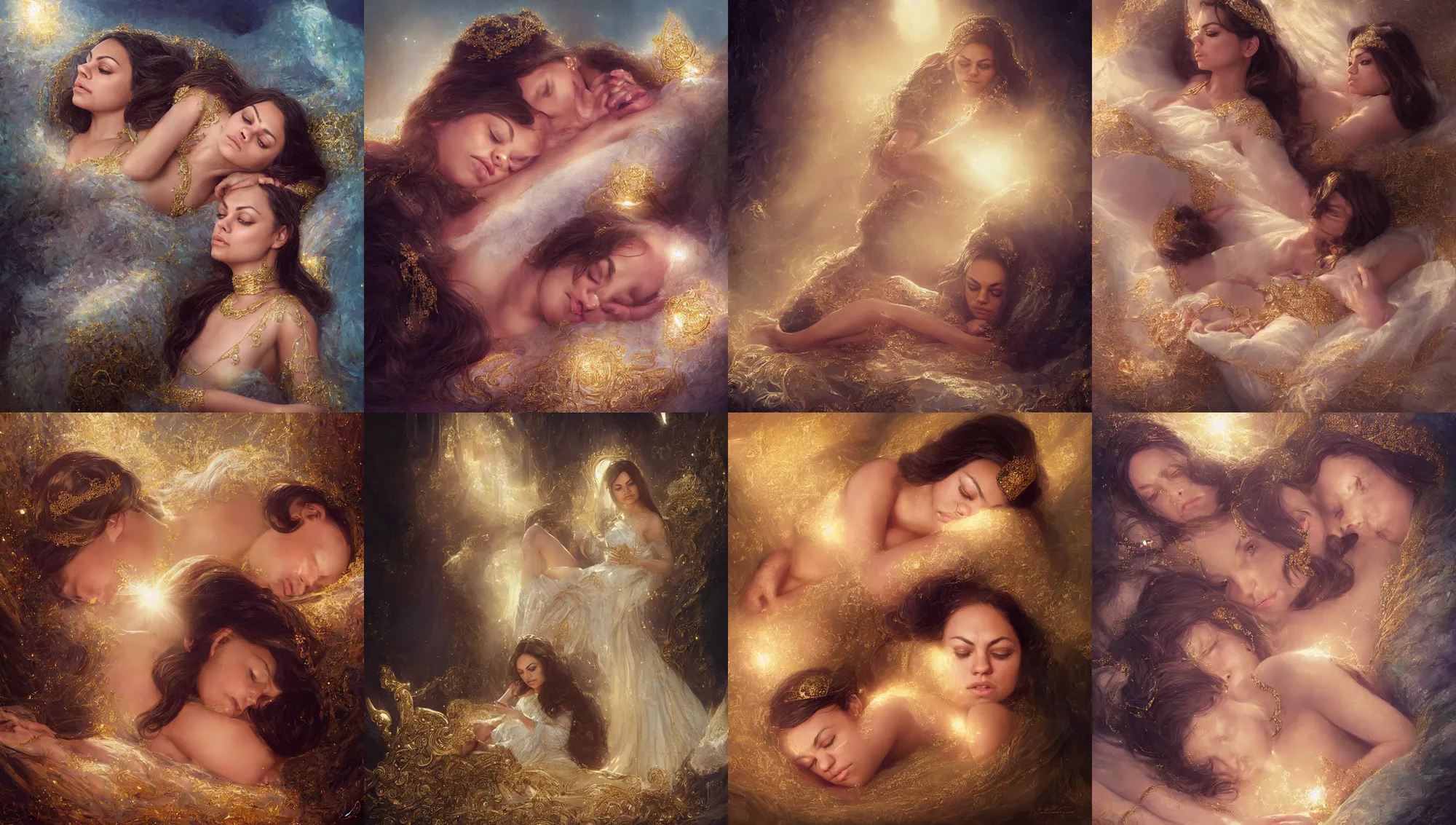 Prompt: close portrait of mila kunis as a little princess sleeping on her throne, intricate, gold glow, diamond prisms, morning sun - rays, wlop, greg rutkowski, steve argyle, ilya kuvshinov, rossdraw, daniel f. gerhartz,