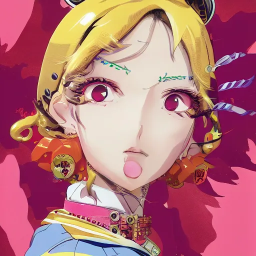 Image similar to Magazine Cover Anime key visual of a Gucci girl; official media; typography; drawn by Hirohiko Araki; Jojo's Bizarre Adventure; Jojolion, portrait, made by Stanley Artgerm Lau, WLOP, Rossdraws, James Jean, Andrei Riabovitchev, Marc Simonetti, Yoshitaka Amano, ArtStation