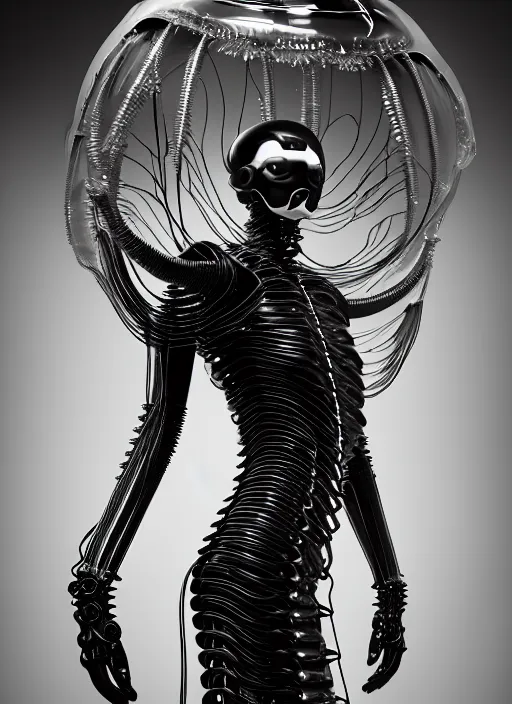 Image similar to catwalk, iris van herpen gothic inflateble dark dress, perfect symmetrical body, helmet on face, full body shot, inflateble shapes, wires, tubes, veins, jellyfish, white biomechanical details, wearing epic bionic cyborg implants, masterpiece, intricate, biopunk, vogue, highly detailed, artstation, concept art, cyberpunk, octane render