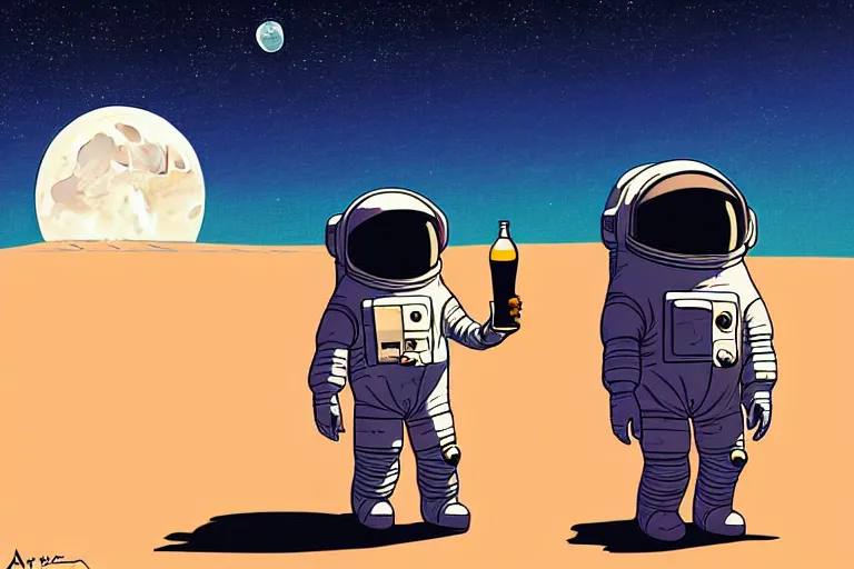 Image similar to a study of a cell shaded cartoon astronaut holding and drinking a beer on a desert road in front of a big moon, full body, wide shot, very muted colors, post grunge, studio ghibli, laurie greasley, highly detailed, deviantart, art by artgem