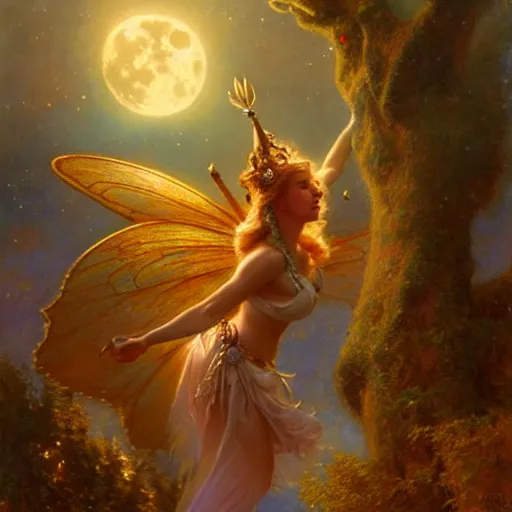 Image similar to attractive fairy queen fly high in the night, fantasy, full moon in background. hyper detailed painting by gaston bussiere, craig mullins, j. c. leyendecker, mid shot, 8 k, cryengone, cinematic lighting, beautiful,