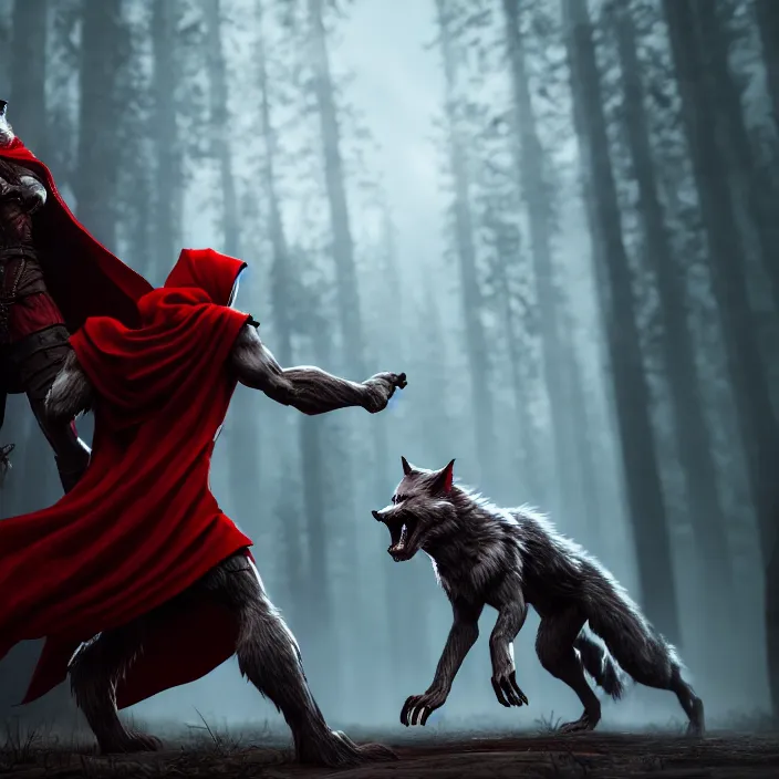 Prompt: beautiful red riding hood warrior confronting a werewolf ,highly detailed, 4k, HDR, award-winning, artstation, octane render