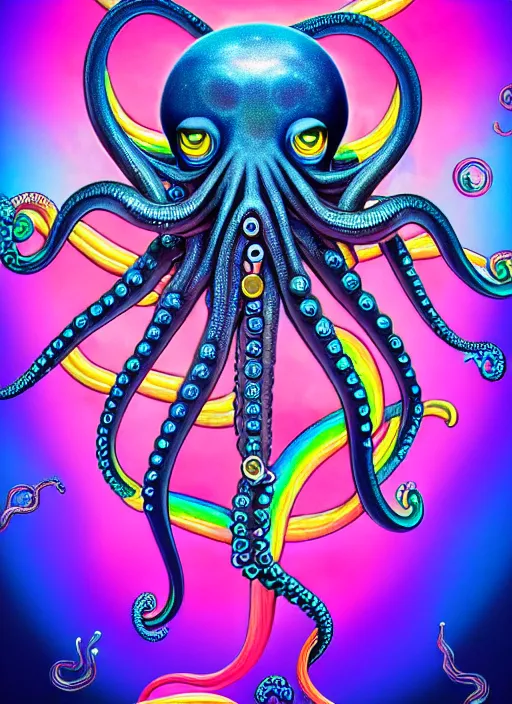 Prompt: beautiful underwater octopus sailormoon demon rainbow accents bio mechanical female symmetry by HR Giger, By Lisa Frank, Highly Detailed trending on artstation 8K