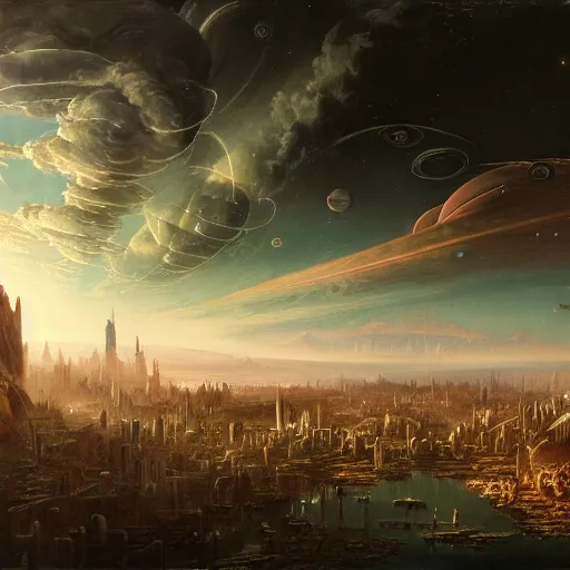 Image similar to A vast planetary sci fi city by Ansel Adams and Bernardo Bellotto, oil on canvas, artstation, dramatic scenery, masterpiece, aesthetic