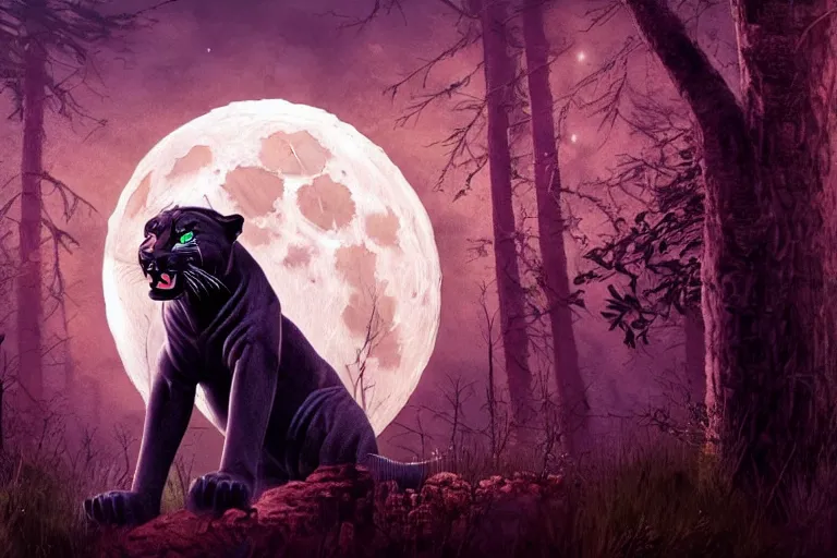 Image similar to a panther roaring at the moon in a forest during the night, large moon in the center. high quality. artistic. illustration. 4 k. cinematic. photoreal. highly detailed. dramatic. dark colors. night.