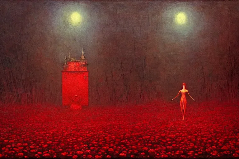 Prompt: only with red, red creepy eyes, a red tiger, a castle in the background, medieval demons dance over the flowers, an ancient path, in the style of beksinski, part by hopper, part by rodcenko, part by hofbauer, intricate composition, red by caravaggio, insanely quality, highly detailed, masterpiece, red light, artstation