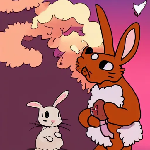 Image similar to a cute bunny fighting against the biggest demon of all time