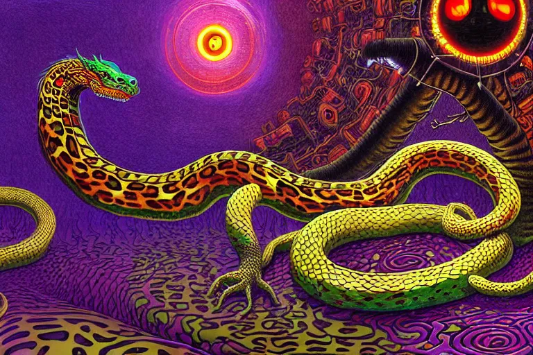 Image similar to a detailed digital art painting of a cyberpunk magick oni dragon with occult futuristic effigy of a beautiful field of mushrooms that is a adorable leopard atomic latent snakes in between ferret biomorphic molecular hallucinations in the style of escher, alex grey, stephen gammell inspired by realism, symbolism, magical realism and dark fantasy, crisp,