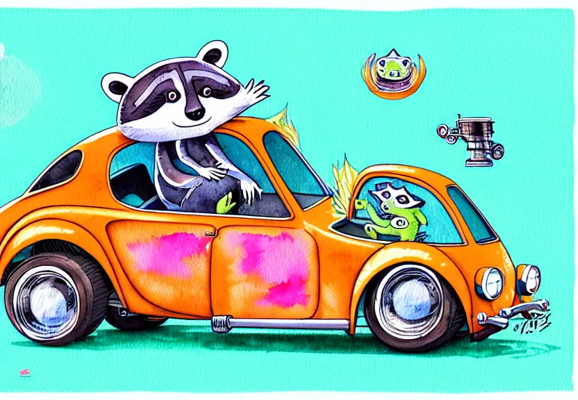 Prompt: cute and funny, racoon riding in a tiny hot rod coupe with oversized engine, ratfink style by ed roth, centered award winning watercolor pen illustration, isometric illustration by chihiro iwasaki, painting overlay by range murata