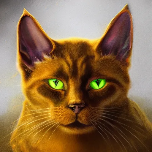 Prompt: beautiful fantasy portrait of a devil cat with green eyes, high detail, fantasy art, concept art, 4 k, ultra detail, computer art