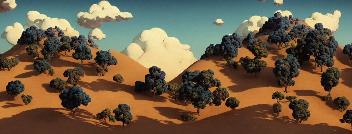 Prompt: a gorgeous of a hill surrounded by barren blue desert, statues of towering blue woman scattered in the sand by barlowe wayne maxfield parrish and marco mazzoni. tree no leaf!!!! china mountain village!! blue and very little light verdancy. towering clouds. ultra clear detailed. 3 d, octane render. turbulent blood lake.