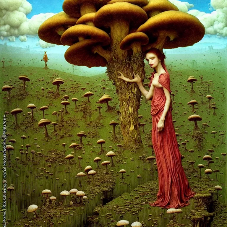 Image similar to A funguswoman stands among the mushroom hills. Lush mold. Wearing a fungus and mushroom. Perfect faces, extremely high details, detailed, realistic, fantasy art, solo, masterpiece, art by Zdzisław Beksiński, Arthur Rackham, Dariusz Zawadzki, Edward Robert Hughes, Eugene de Blaas, Frederic Leighton