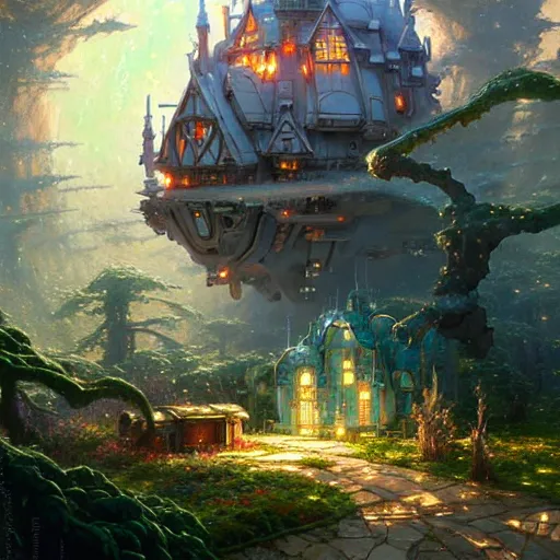 Prompt: a fairy - tale wonderland painting of a compound built from the wreckage of a crashed starship by greg rutkowski, hayao miyazaki, studio ghibli smooth concept art, 4 k matte thomas kinkade, ted nasmith, key art, artstation, alphonse mucha, incredible amazingly beautiful oil painting